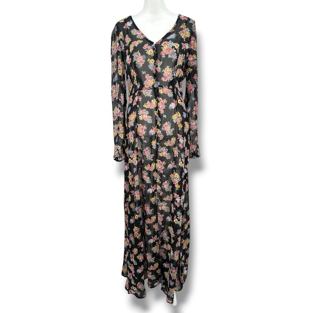 Nameless Floral Sheer Maxi Dress M Button Front Slit Boho Cottagecore Y2K Flowy